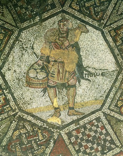 Campesino llevando una oveja y una cesta de queso, del Palacio Imperial en Constantinopla, siglo V-VI de Byzantine